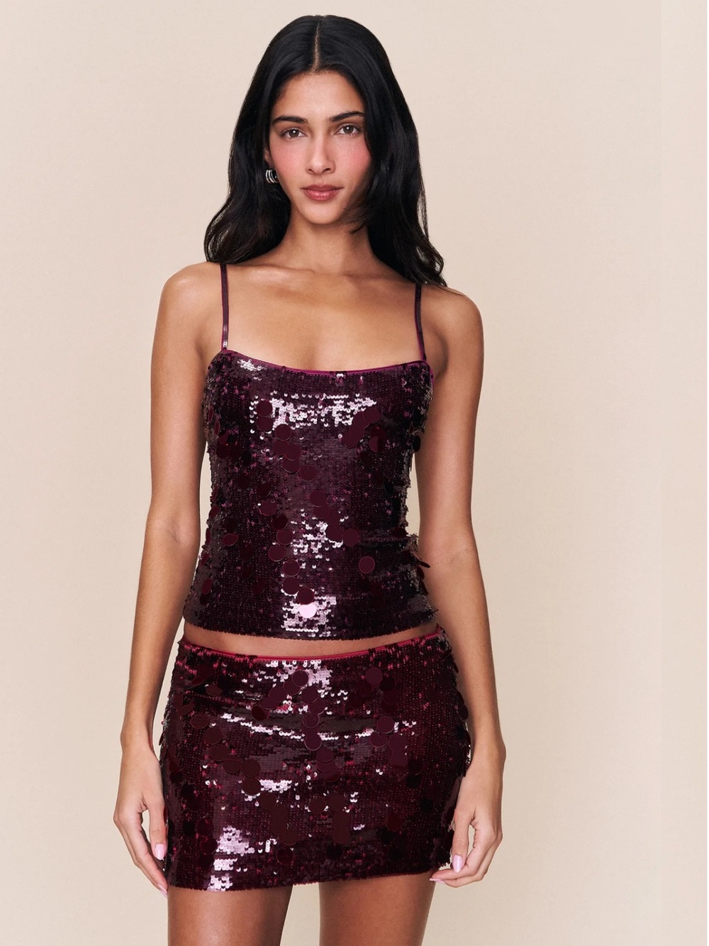 Danielle Guizio Paillette cami tank top crop Merlot cranberry red dark sequin